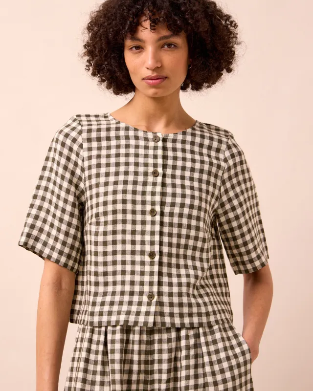 Evelyn Olive Gingham Linen Top made by Beyond Nine