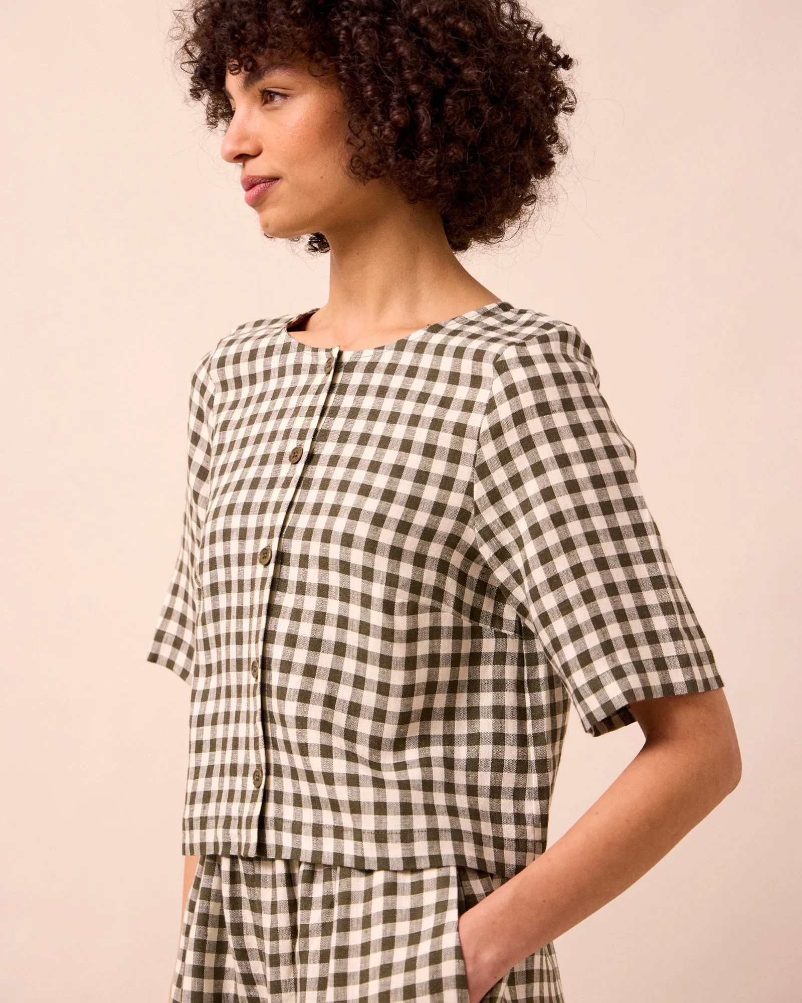 Evelyn Olive Gingham Linen Top sold by Beyond Nine product image thumbnail 3