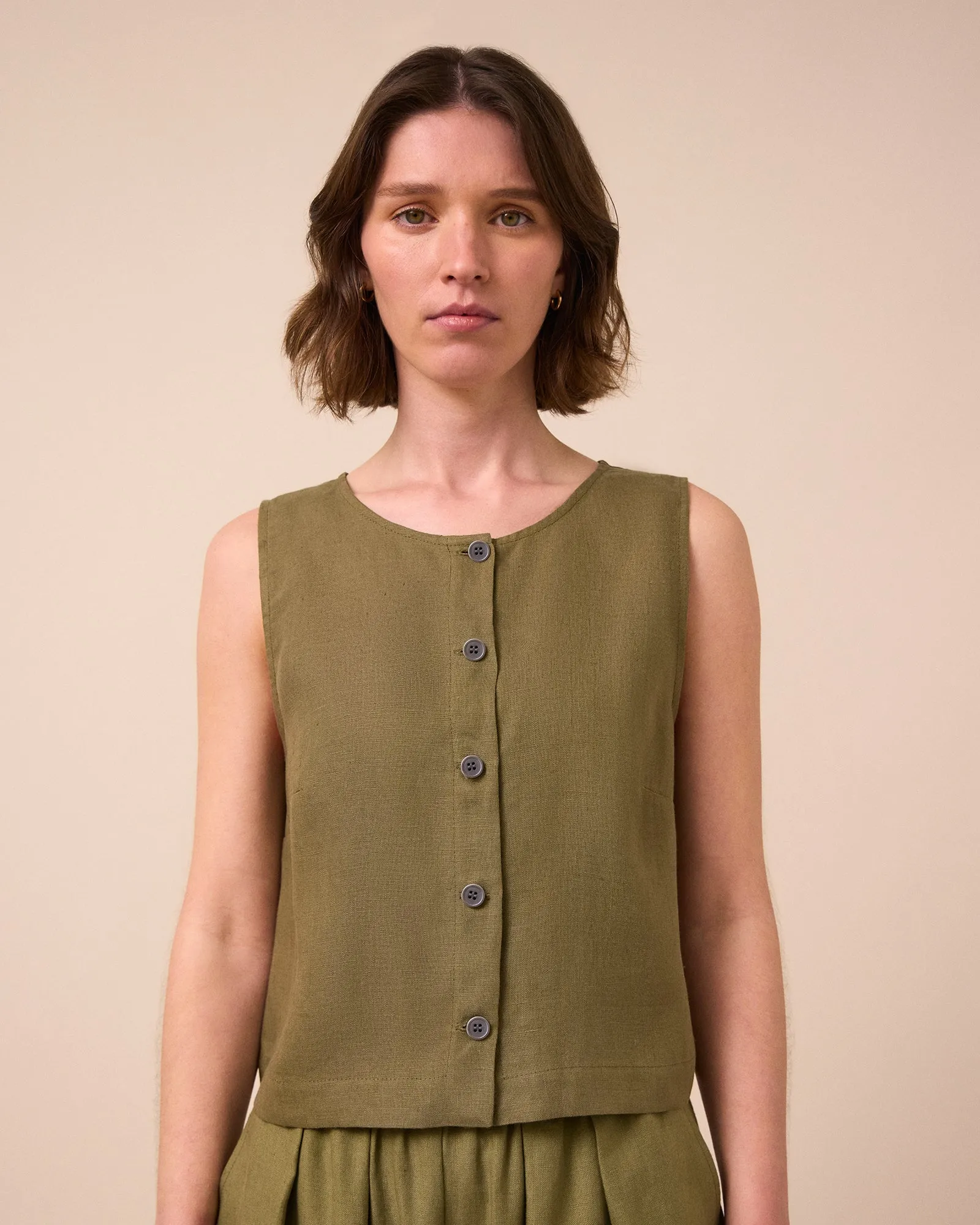Elodie Khaki Linen Top sold by Beyond Nine