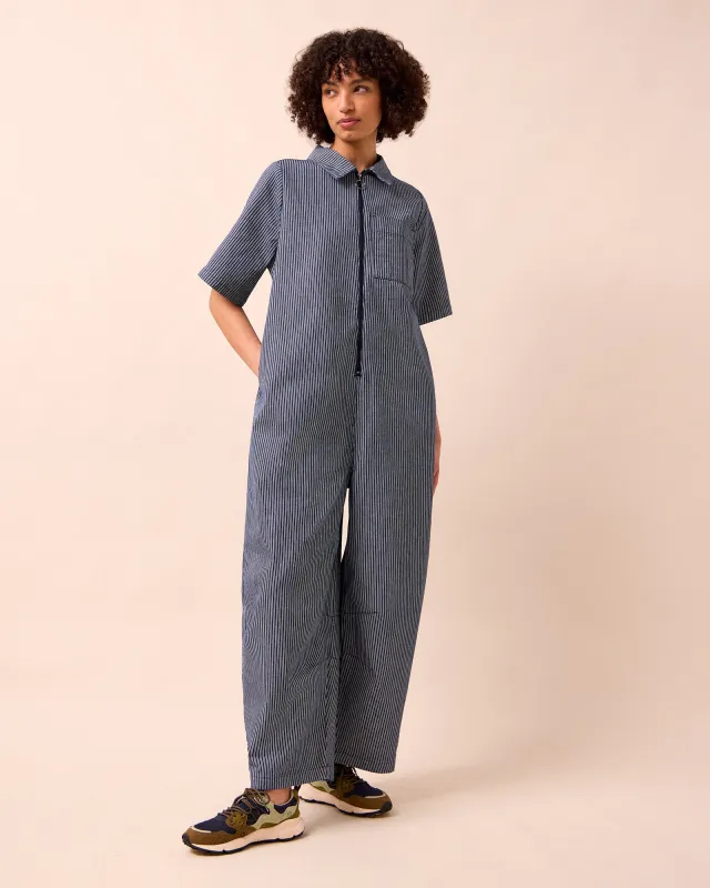 Juno Navy Hickory Stripe Denim Jumpsuit made by Beyond Nine