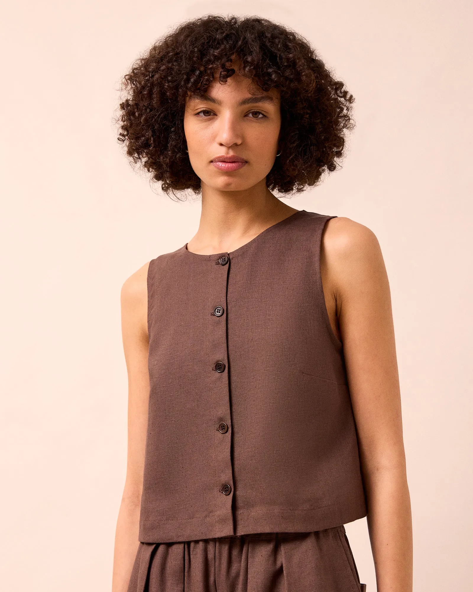 Elodie Chocolate Linen Top sold by Beyond Nine