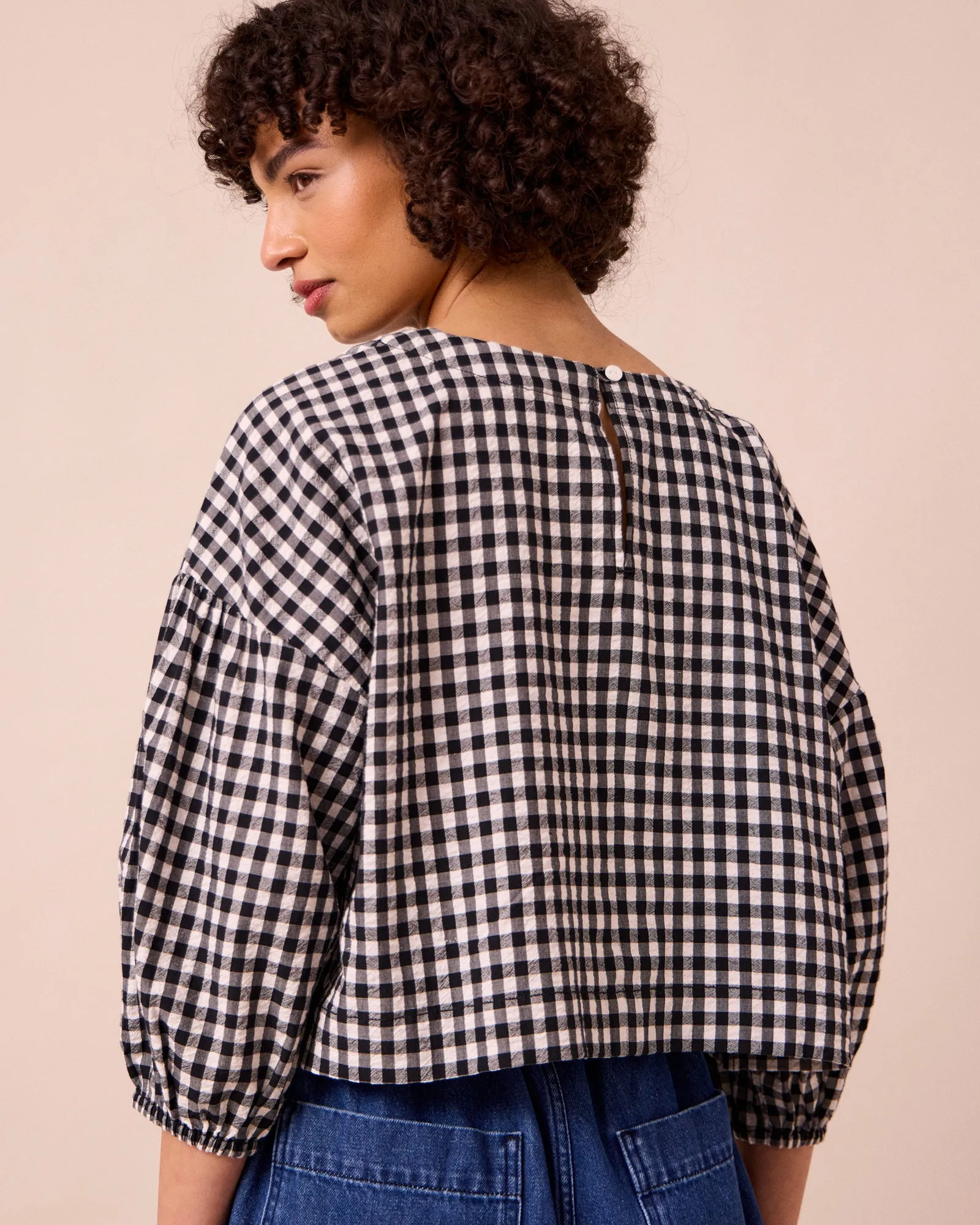 Aisha Black & Ecru Gingham Cotton Seersucker Top sold by Beyond Nine product image thumbnail 4
