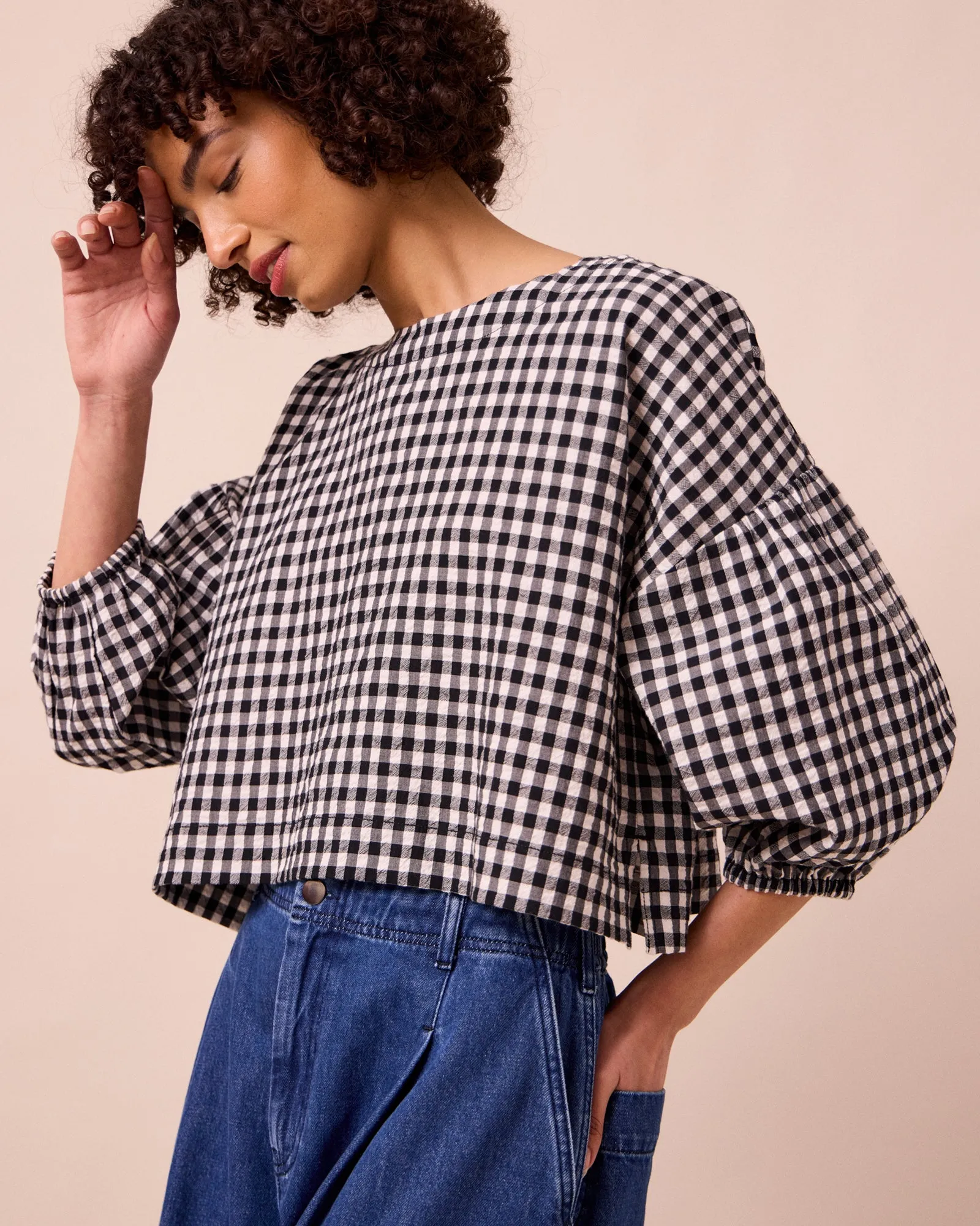 Aisha Black & Ecru Gingham Cotton Seersucker Top sold by Beyond Nine product image thumbnail 3