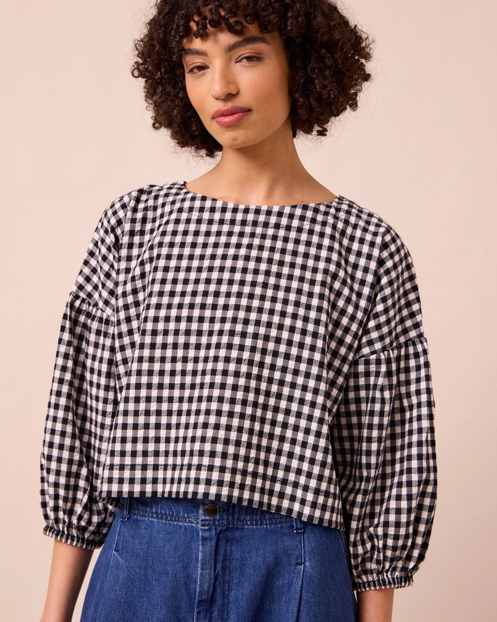 Aisha Black & Ecru Gingham Cotton Seersucker Top sold by Beyond Nine