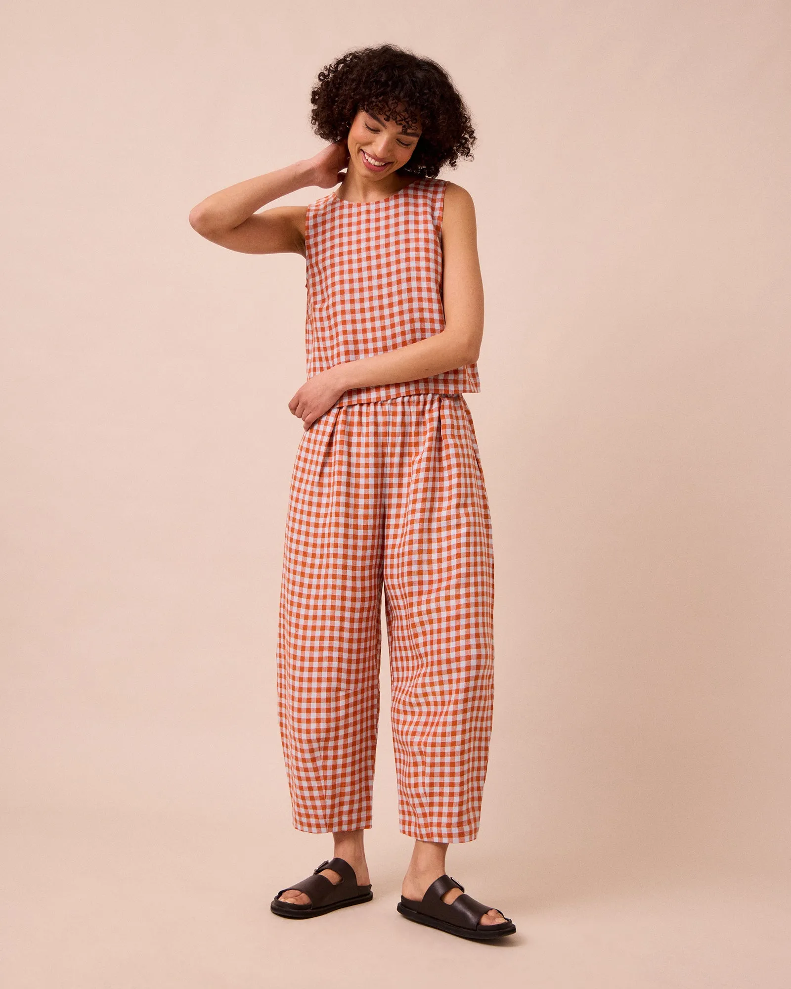 Daisy Burnt Orange Gingham Linen Trousers sold by Beyond Nine