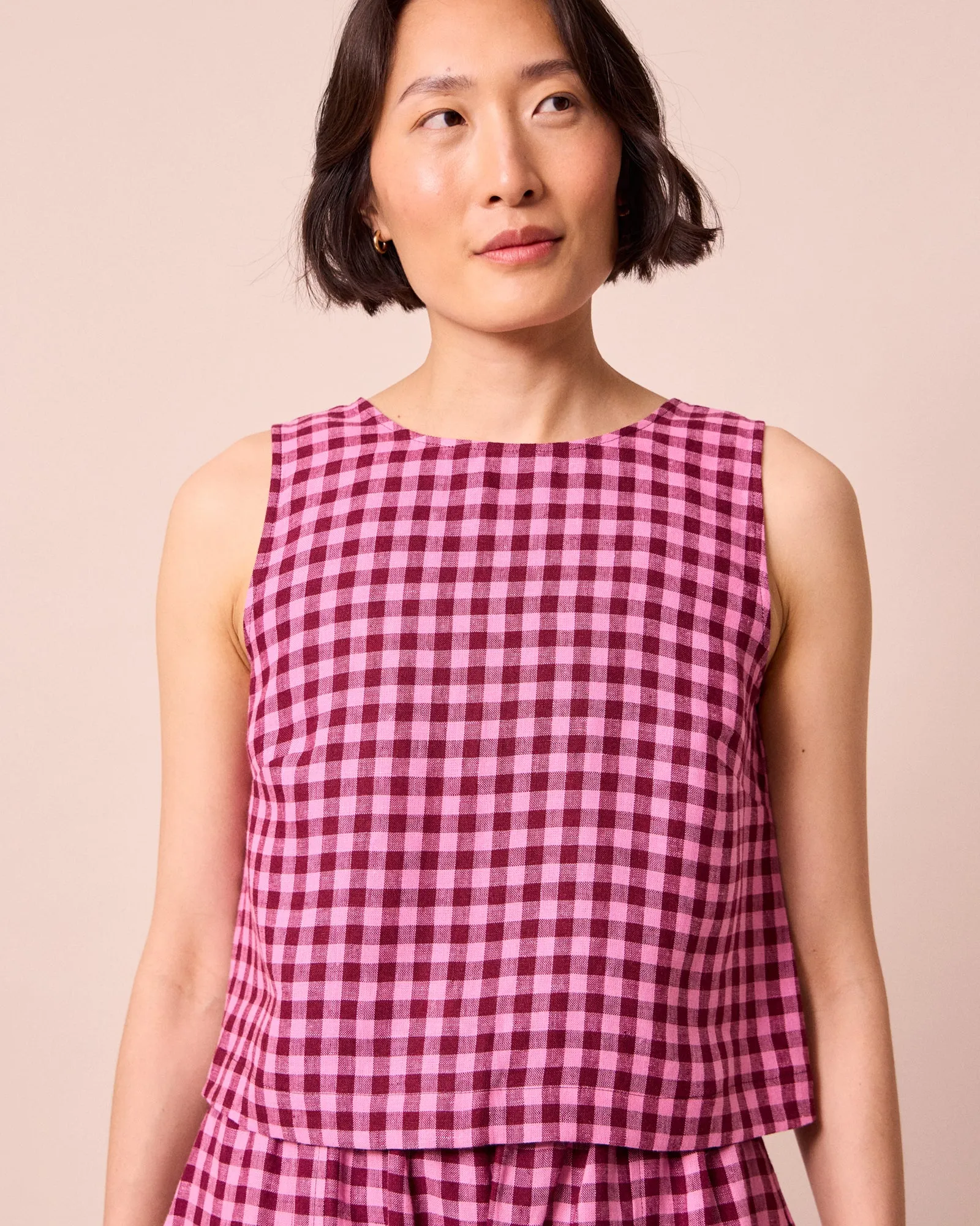 Esme Summer Berry Gingham Linen Top sold by Beyond Nine