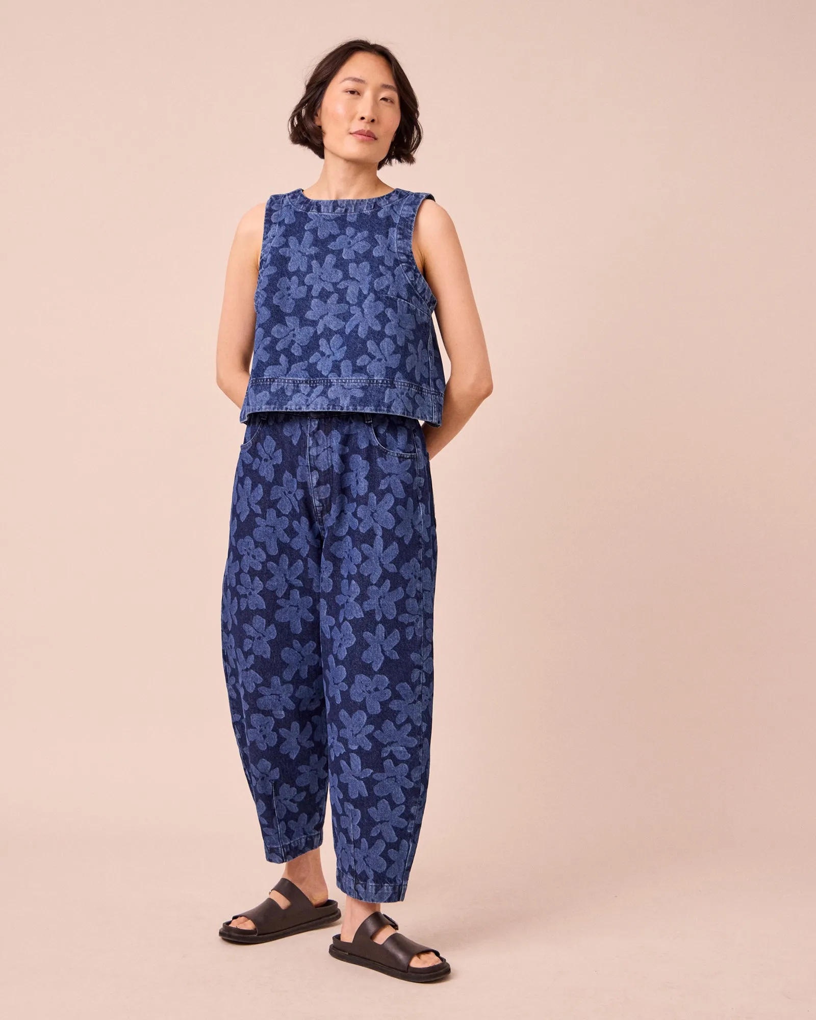 Remi Pressed Flower Print Denim Jeans sold by Beyond Nine