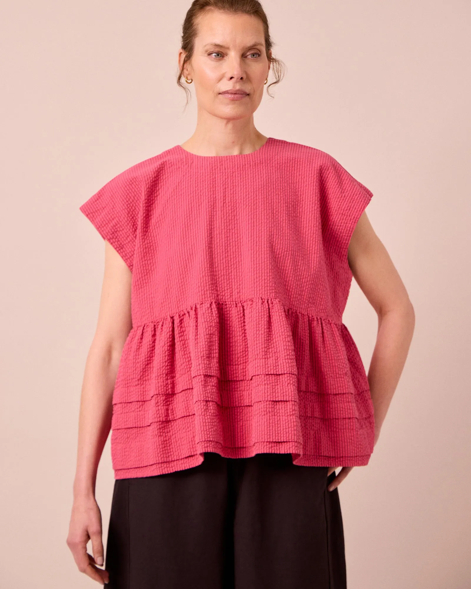 Nola Raspberry Stripe Seersucker Top sold by Beyond Nine