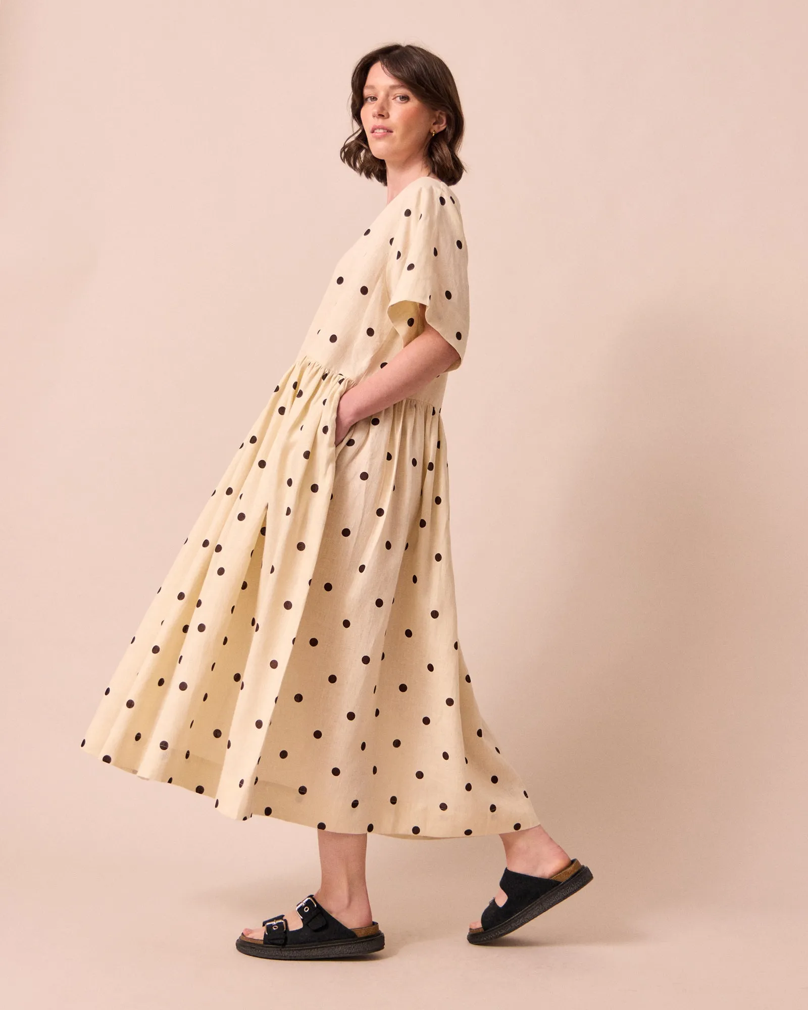 Harper Bone Spot Print Linen Dress sold by Beyond Nine