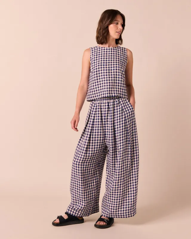 Layne Indigo Gingham Linen Trousers made by Beyond Nine