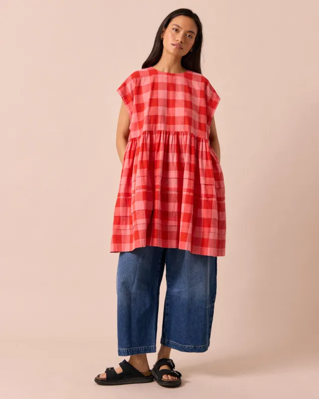 Ella Pink Lemonade Check Cotton Linen Dress made by Beyond Nine