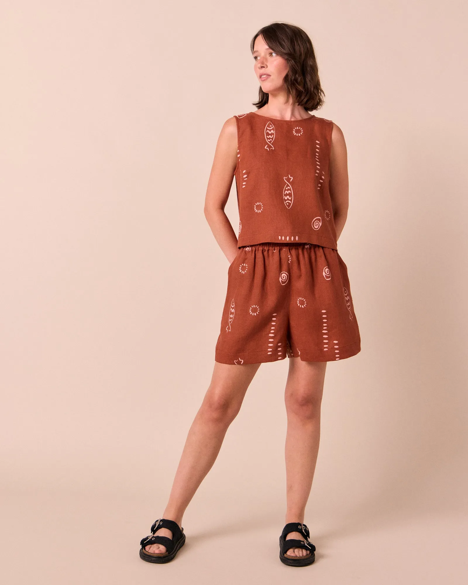 Arielle Beachcomber Print Linen Shorts sold by Beyond Nine