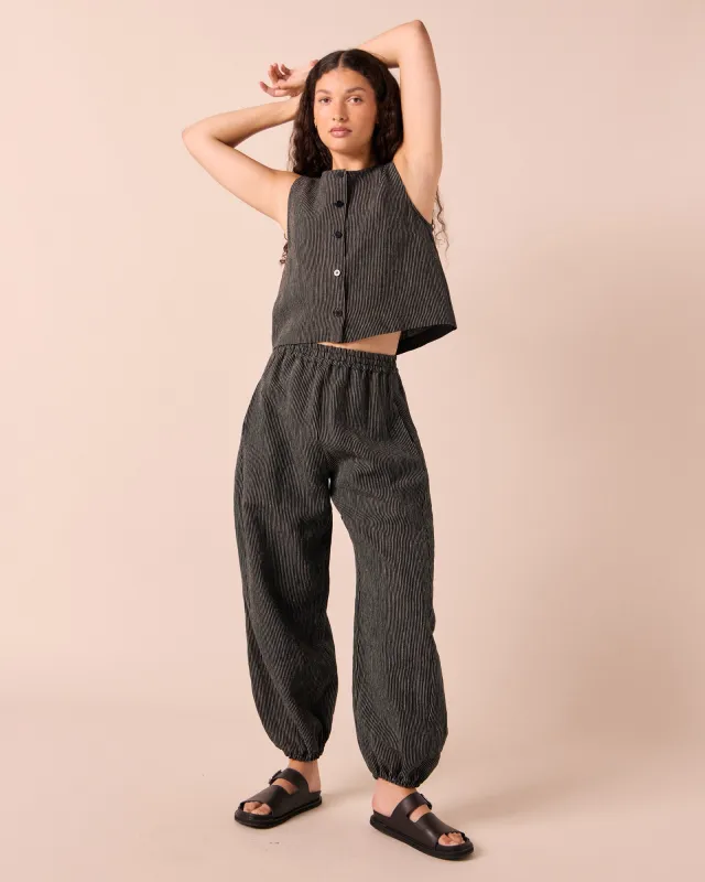 Logan Black & Ecru Pencil Stripe Linen Trousers made by Beyond Nine