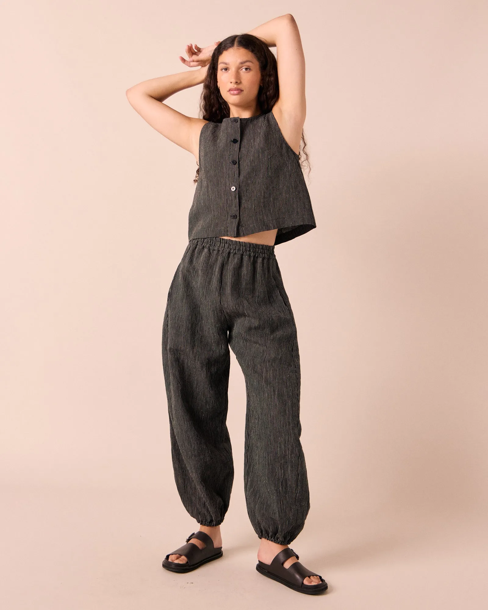Logan Black & Ecru Pencil Stripe Linen Trousers sold by Beyond Nine