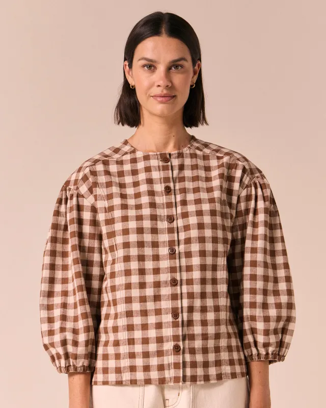 Miley Toffee Check Cotton Linen Top made by Beyond Nine