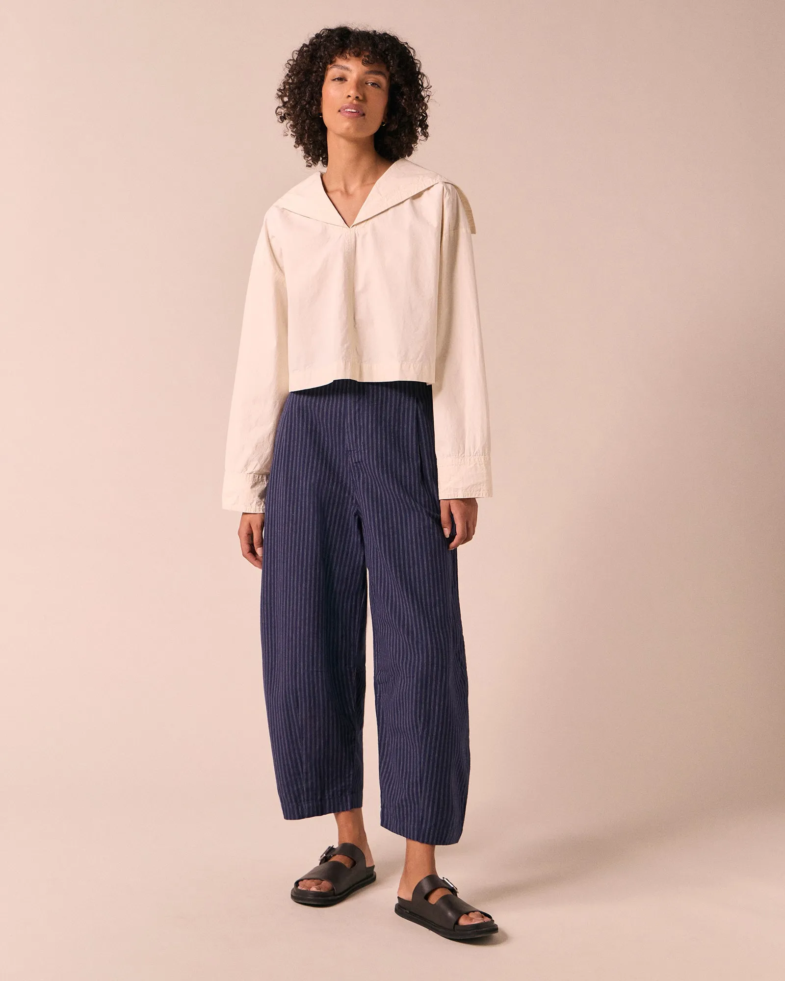 Dana Midnight Pinstripe Cotton Linen Trousers sold by Beyond Nine