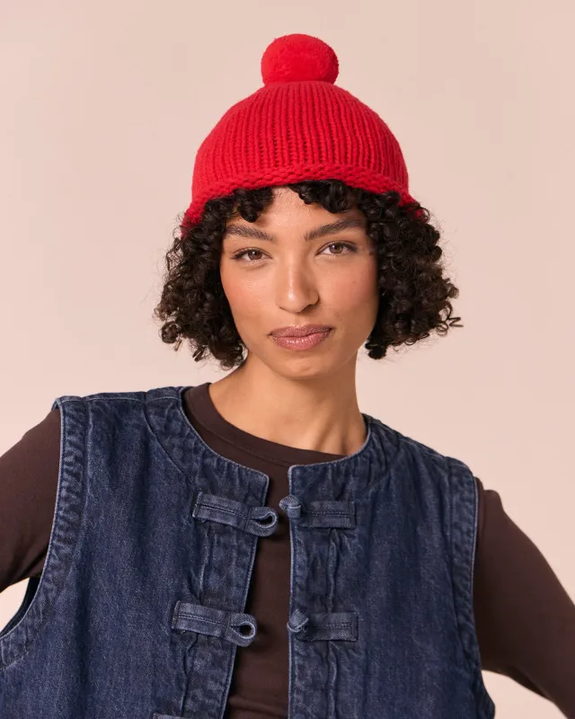 Bobble Poppy Red Knitted Hat made by Beyond Nine