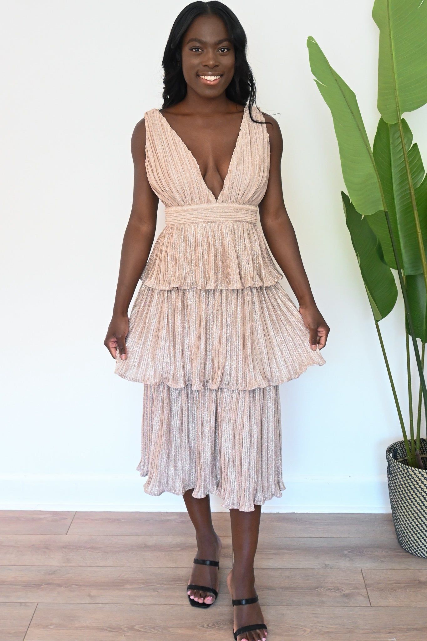 Plunge Tiered Midi Dress sold by Valencia Boutique