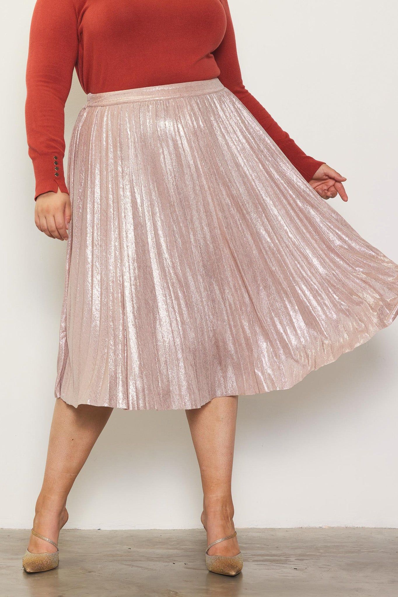 CURVE Champagne Pleated Skirt sold by Valencia Boutique