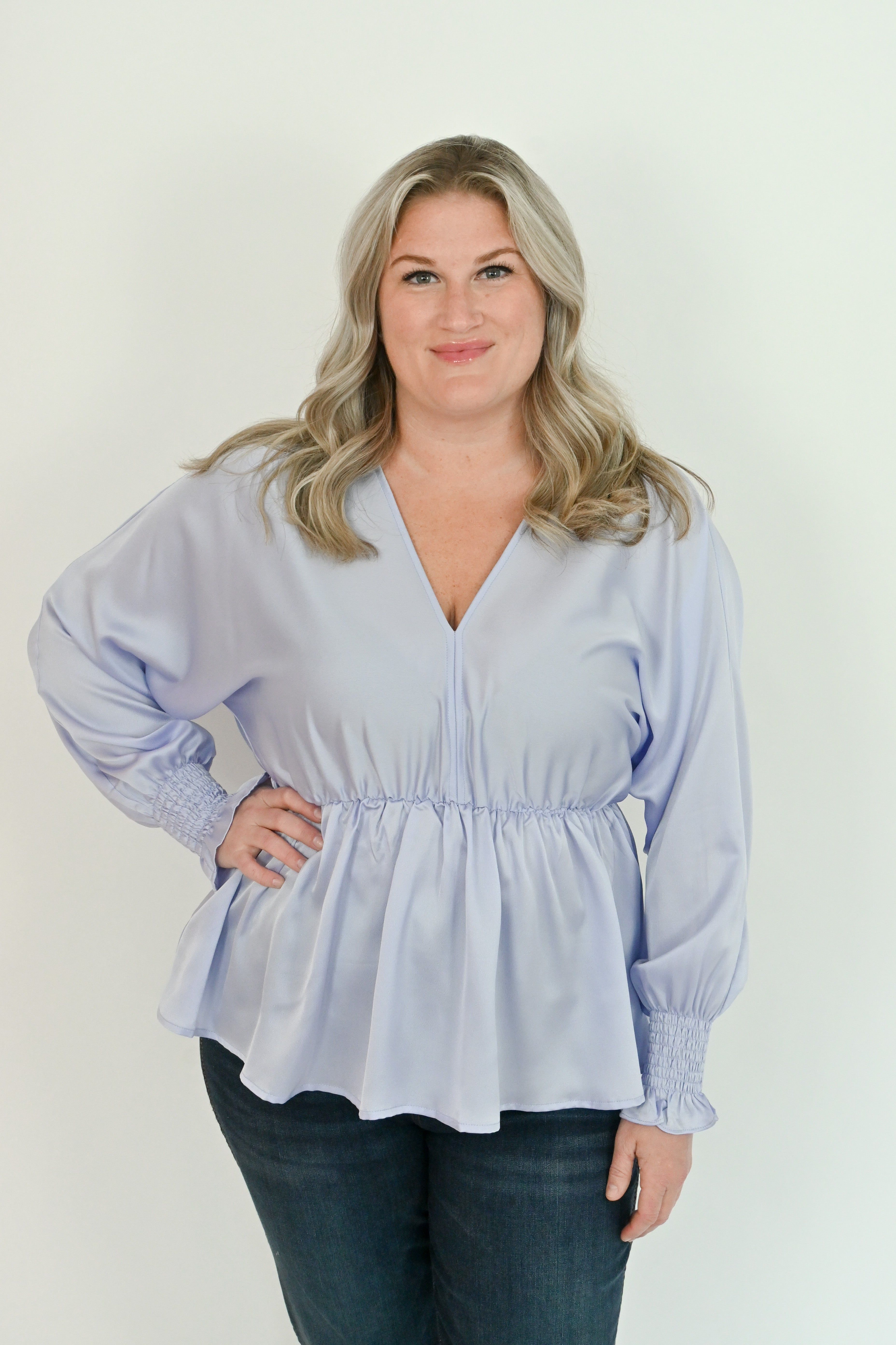 Smocked LS Satin Blouse (S-2X) sold by Valencia Boutique