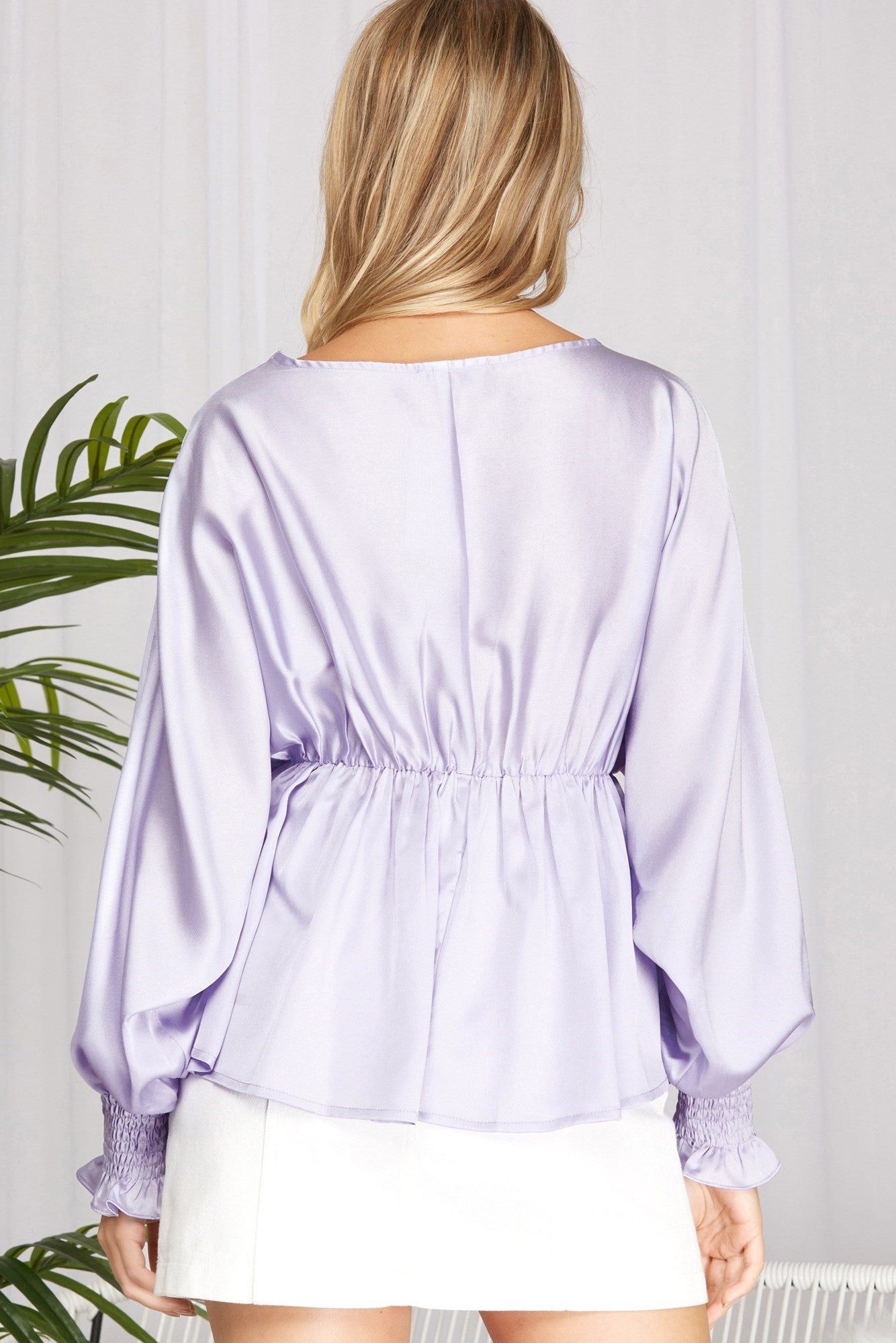 Smocked LS Satin Blouse (S-2X) sold by Valencia Boutique product image thumbnail 5