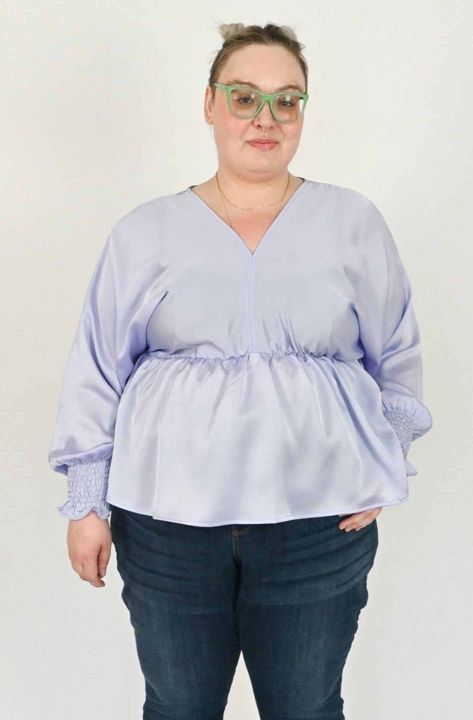Smocked LS Satin Blouse (S-2X) sold by Valencia Boutique product image thumbnail 3