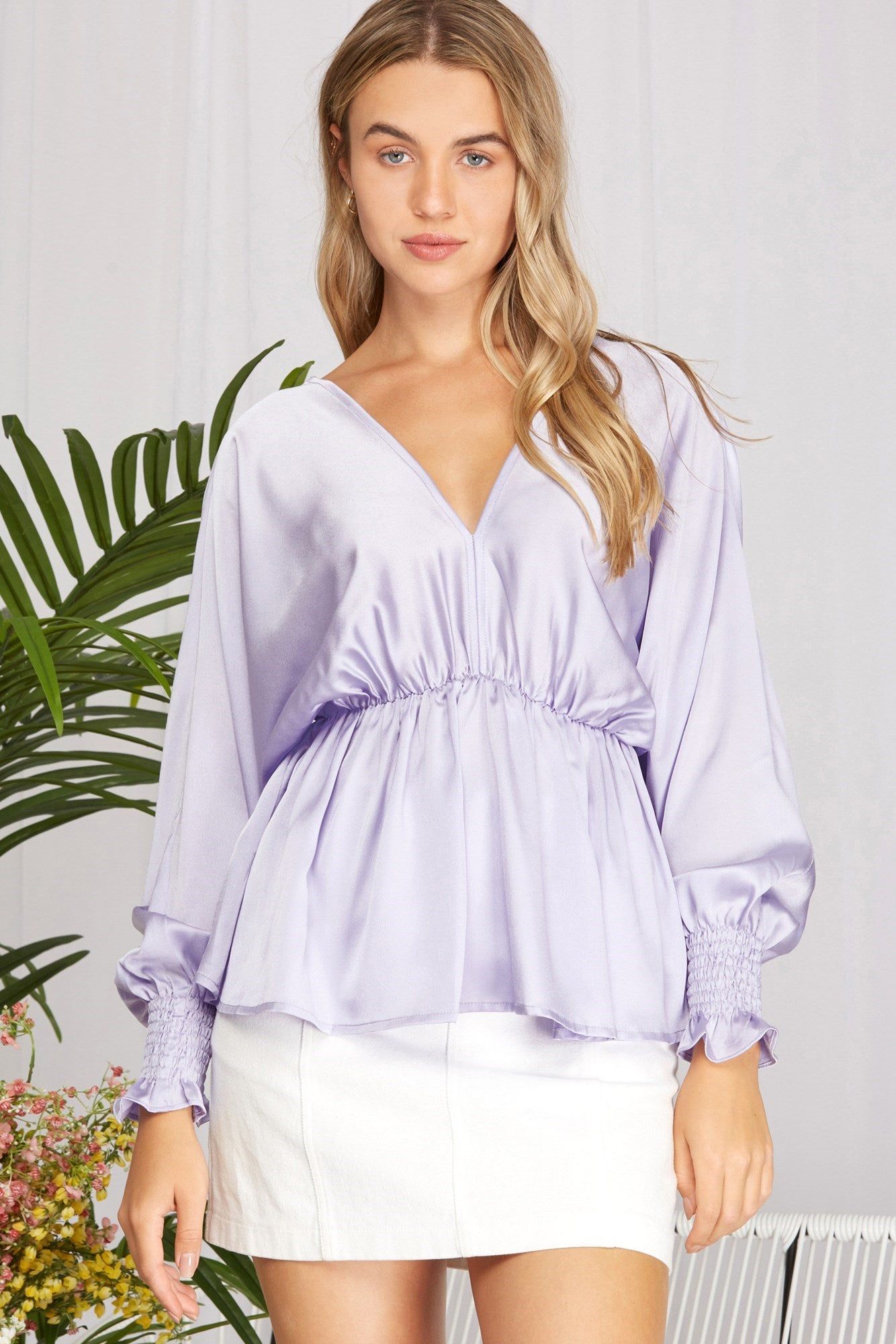 Smocked LS Satin Blouse (S-2X) sold by Valencia Boutique product image thumbnail 6