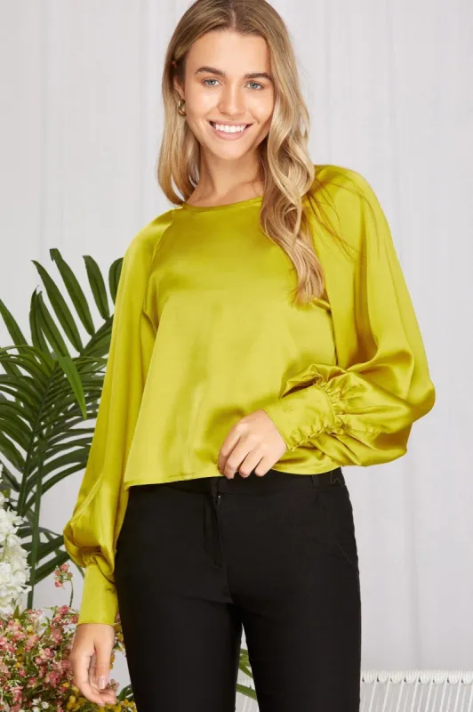 Puff Sleeve LS Satin Top sold by Valencia Boutique