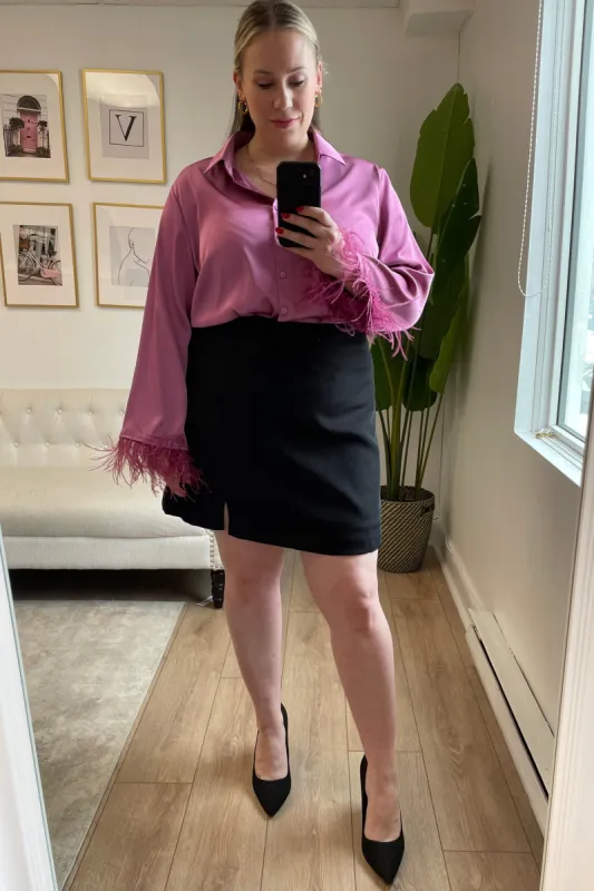 CURVE Faux Feather Trim Blouse sold by Valencia Boutique