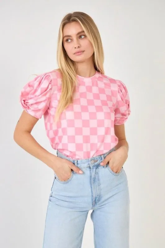Checker Puff Sleeve Top sold by Valencia Boutique