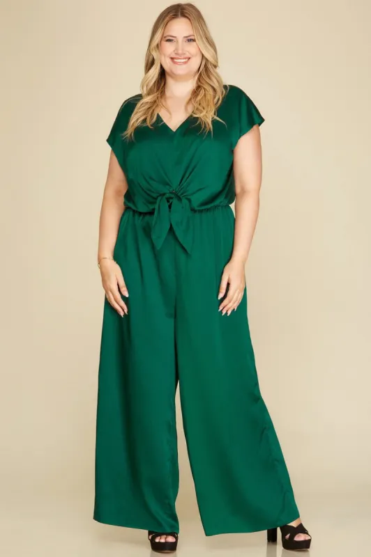 Satin Tie Front Jumpsuit (S-2X) sold by Valencia Boutique