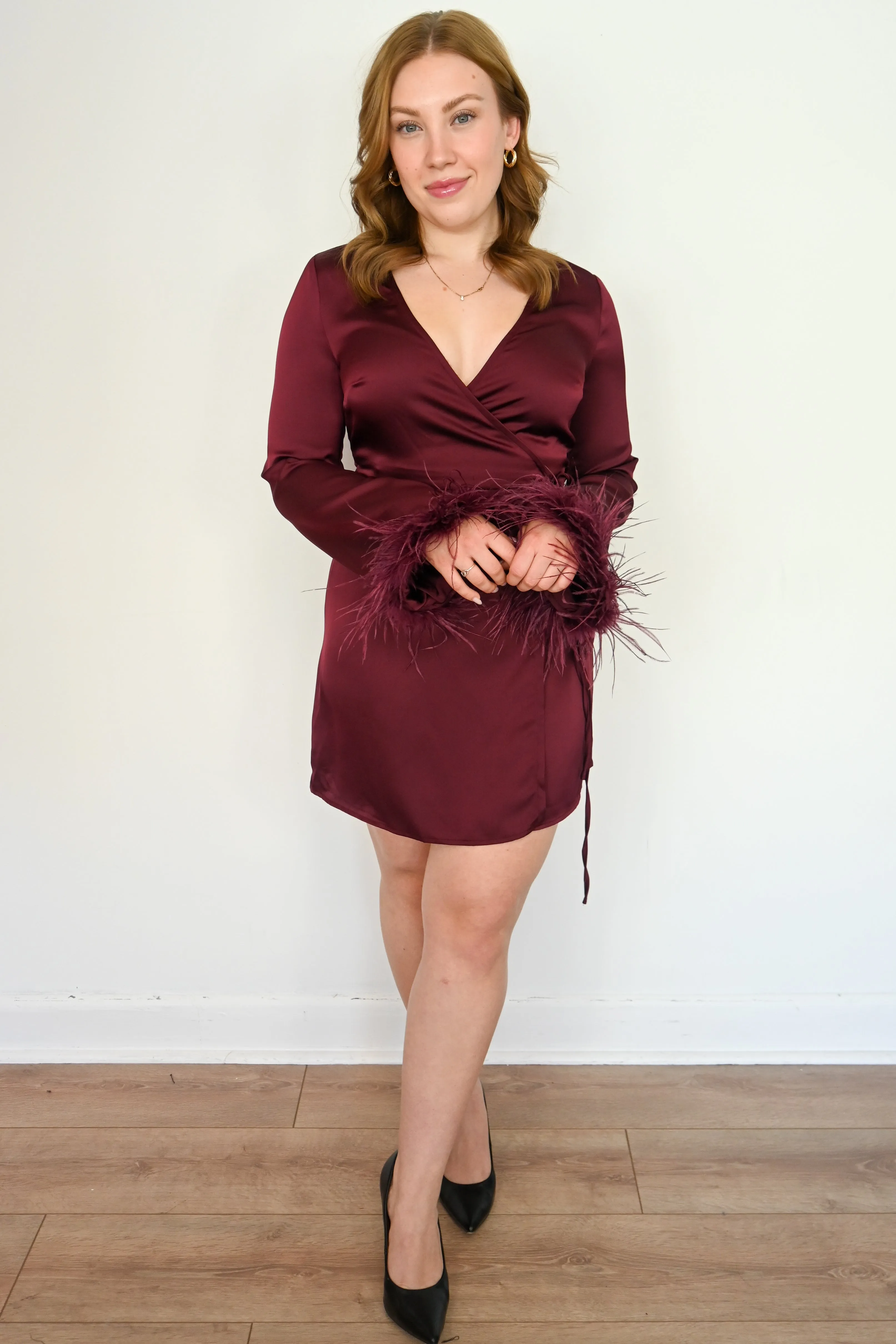 Feather Trim Wrap Dress sold by Valencia Boutique