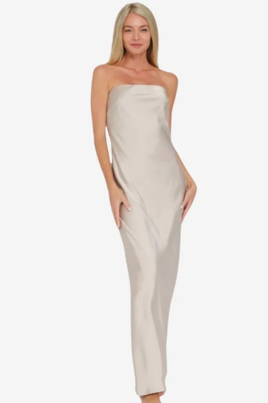 Strapless Satin Maxi Dress sold by Valencia Boutique