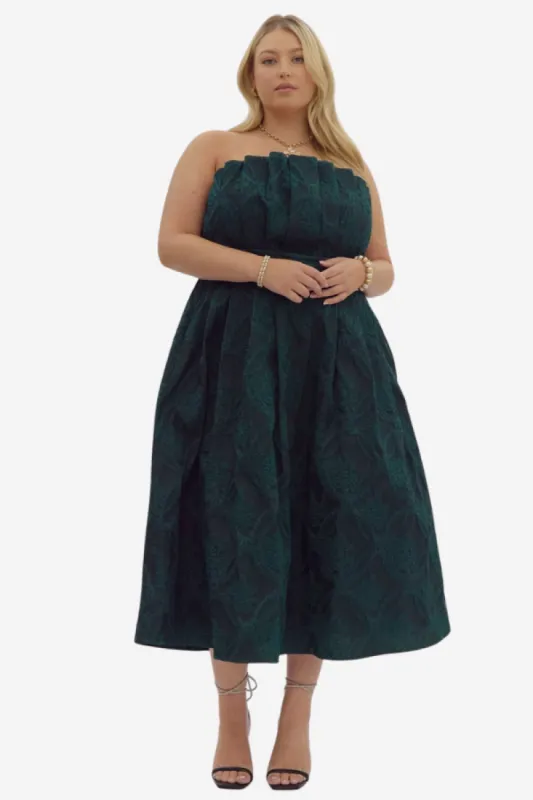 CURVE Brocade Strapless Midi Dress sold by Valencia Boutique