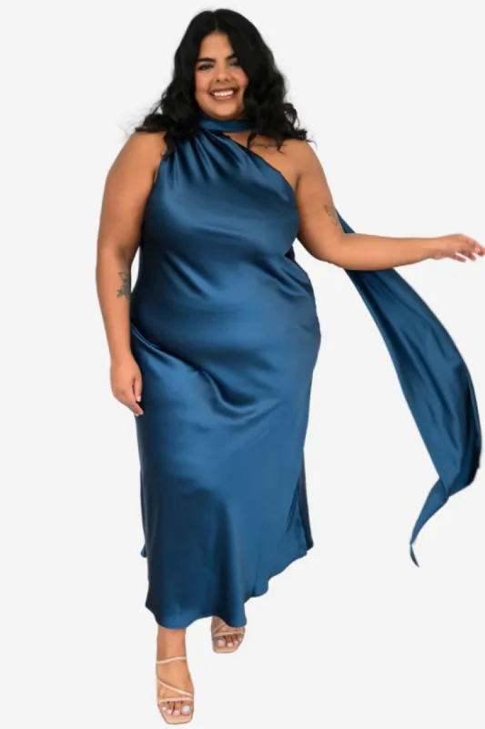 One Shoulder Satin Midi Dress (S-3X) sold by Valencia Boutique