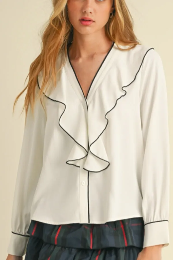 Ruffle Blouse with Piping sold by Valencia Boutique
