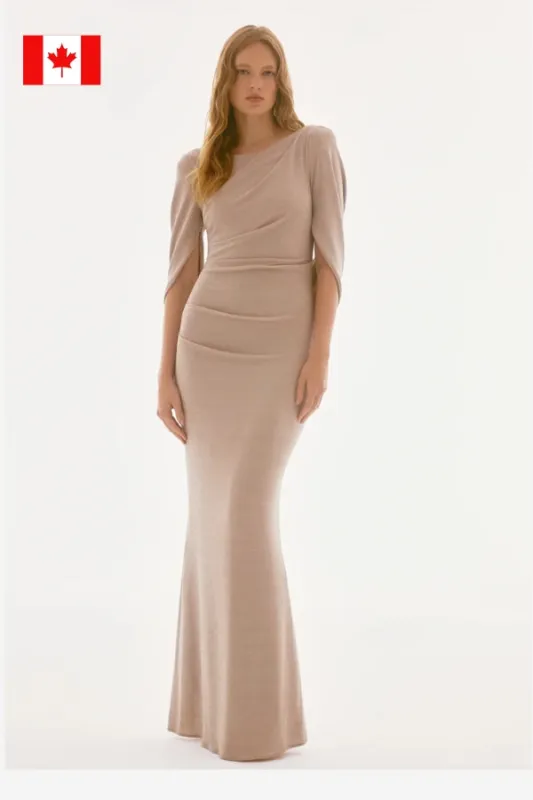 Shimmer Draped Back Gown (size 6-22) sold by Valencia Boutique