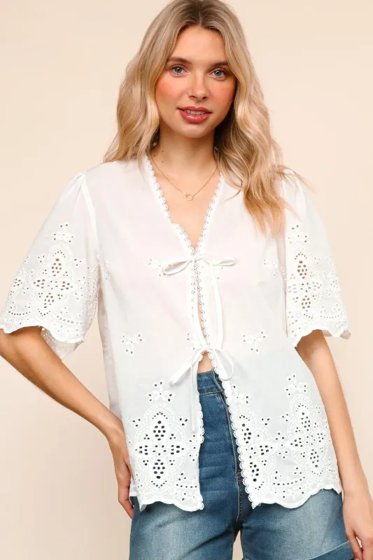 Eyelet Tie Front Top (S-3X) sold by Valencia Boutique