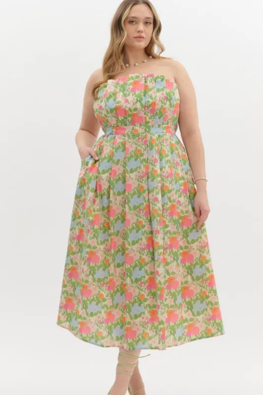 Pleated Strapless Midi Dress (S-2X) sold by Valencia Boutique