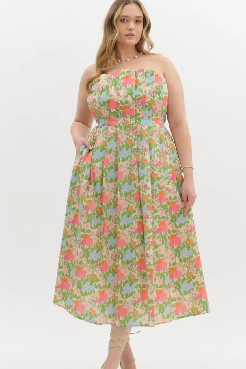 Pleated Strapless Midi Dress (S-2X) sold by Valencia Boutique