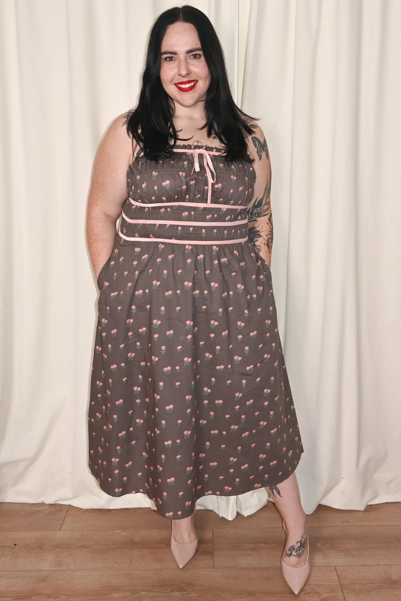 CURVE Mocha Floral Midi Dress sold by Valencia Boutique