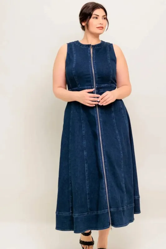 CURVE Denim Zip Midi Dress sold by Valencia Boutique