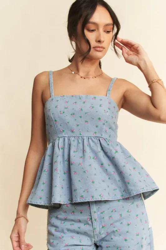 Denim Peplum Tank (S-3X) sold by Valencia Boutique