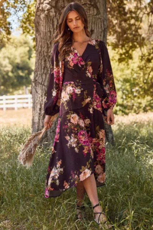 Fuchsia Floral Wrap Dress (S-3X) sold by Valencia Boutique