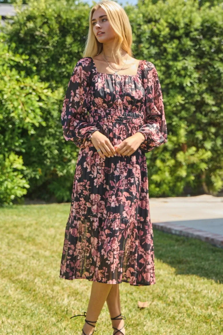 Lurex Floral Long Sleeve Dress (S-3X) sold by Valencia Boutique product image thumbnail 3