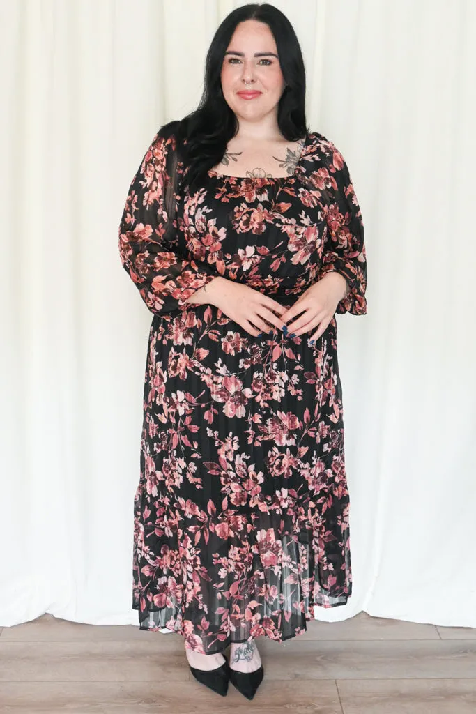 Lurex Floral Long Sleeve Dress (S-3X) sold by Valencia Boutique