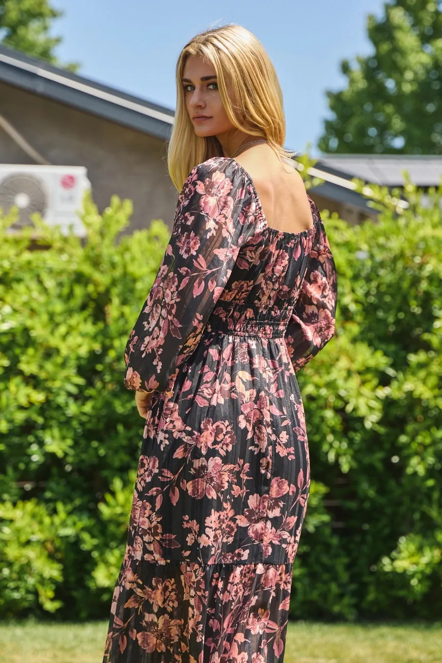 Lurex Floral Long Sleeve Dress (S-3X) sold by Valencia Boutique product image thumbnail 5
