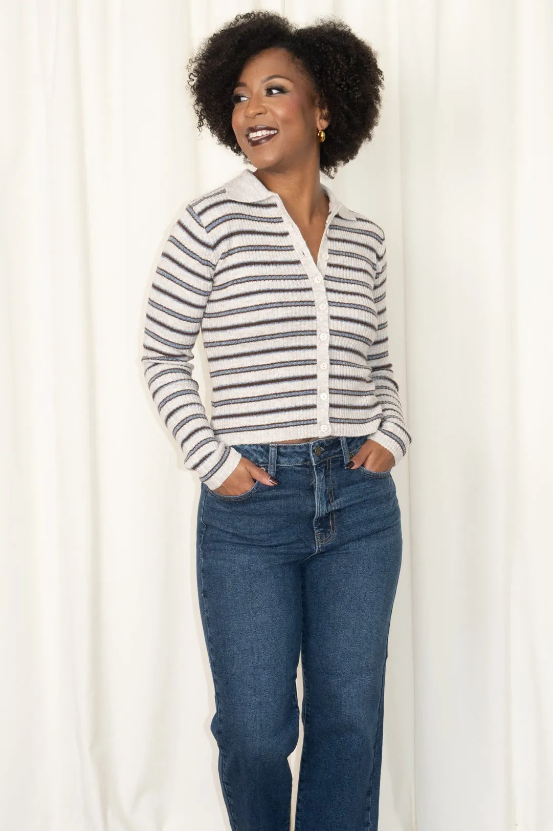 Striped Button Up Knit sold by Valencia Boutique