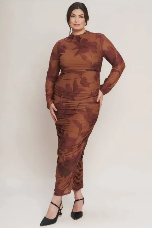 Ruched Floral Midi Dress (S-3X) sold by Valencia Boutique
