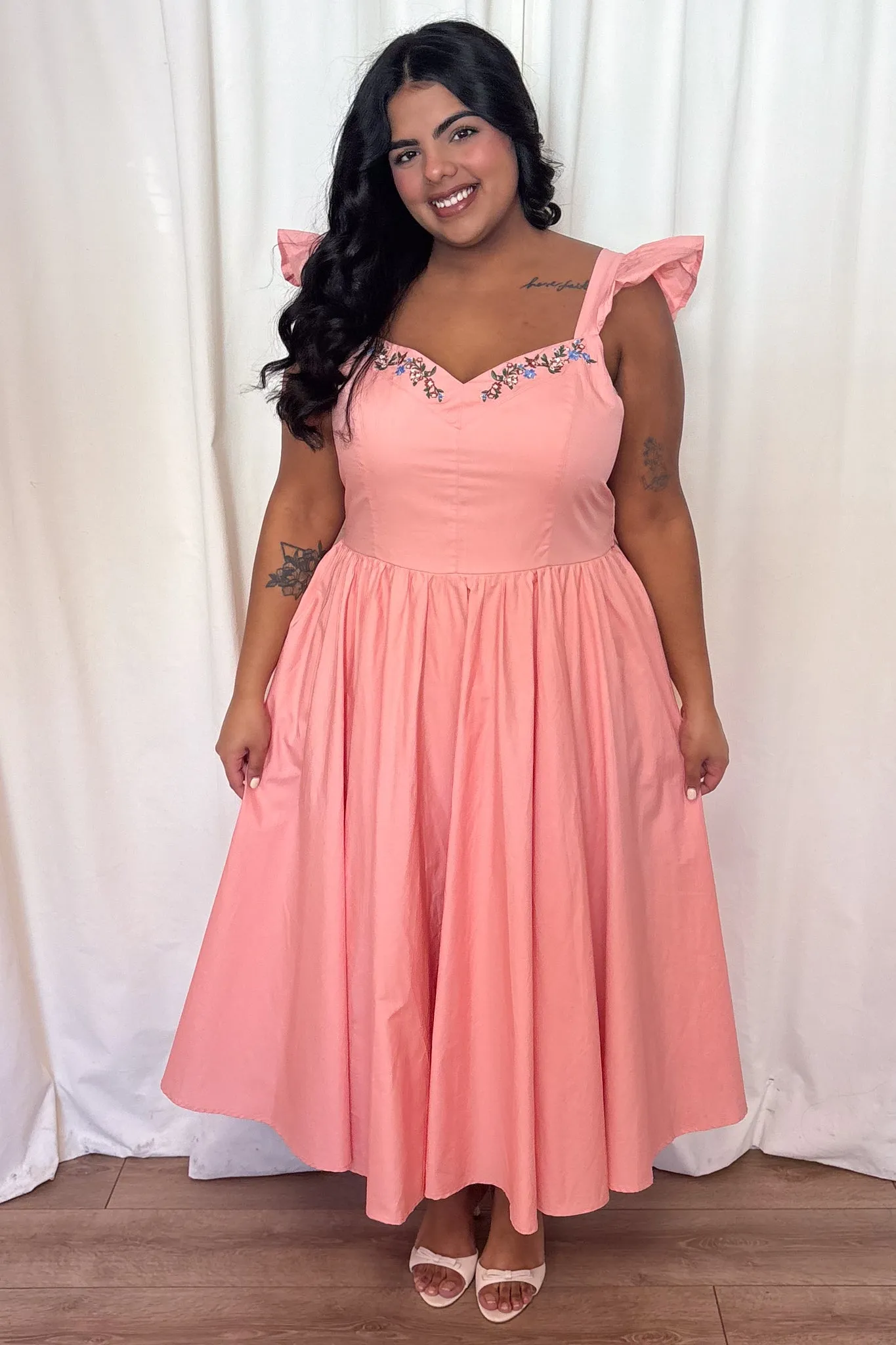 CURVE Peach Embroidered Midi sold by Valencia Boutique